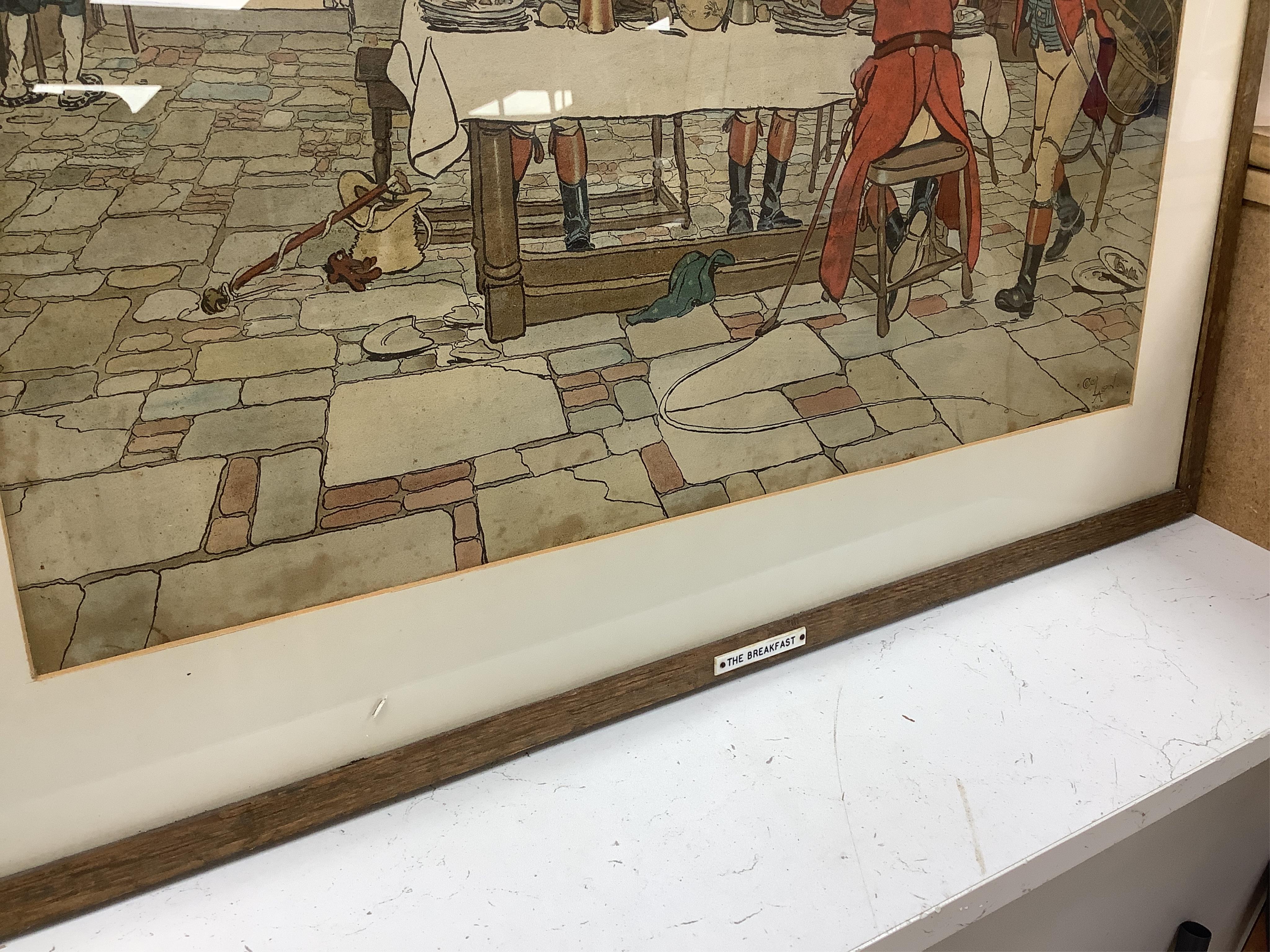 After Cecil Aldin (1870-1935), set of six colour hunting interest prints, to include 'Breaking cover', 'The Breakfast' and 'Full Cry', 37 x 60cm